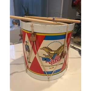 Vintage Patriotic Tin Litho Toy Drum Revolutionary War Eagle MCM USA History